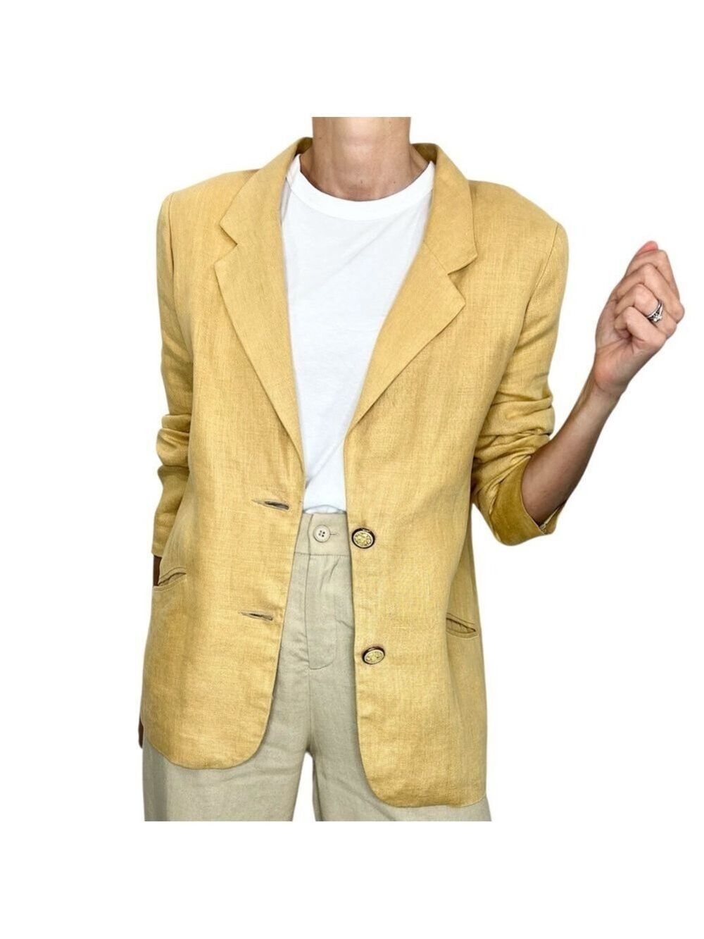 Vtg Linda Lundstrom Canada warm golden yellow oversized linen blazer jacket 8